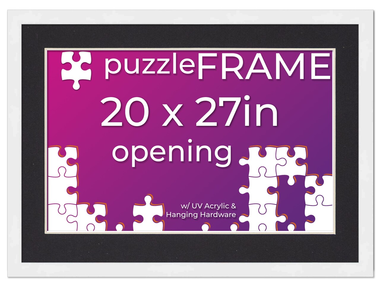 20x27 Jigsaw Puzzle Frame Kit - Kit Includes Puzzle Glue Sheets, White Wood Puzzle Frame with Black Mat, UV Acrylic, Backing,, Hanging Hardware